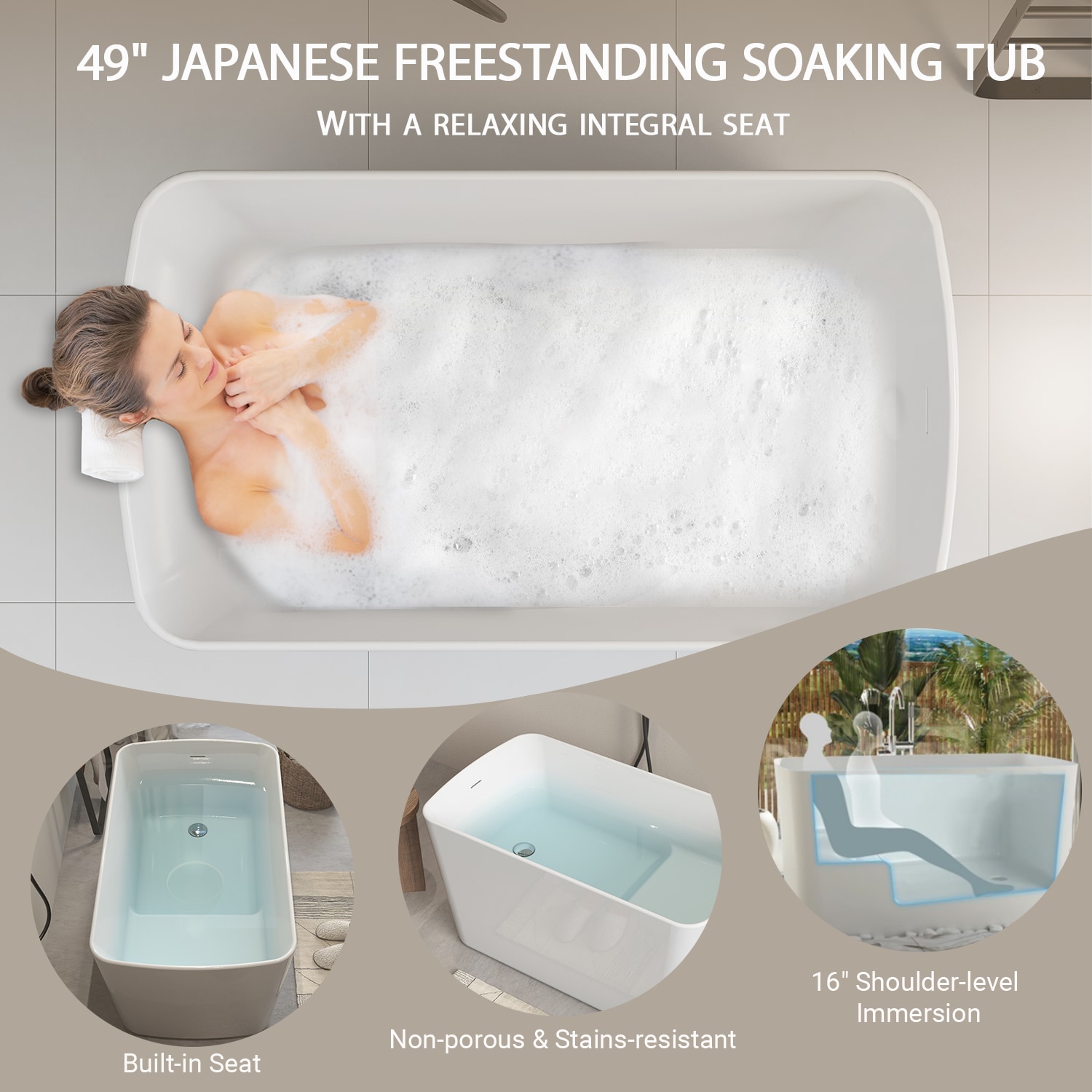Freestanding Soaking Bathtub Acrylic Square Japanese Style White_voghion.com